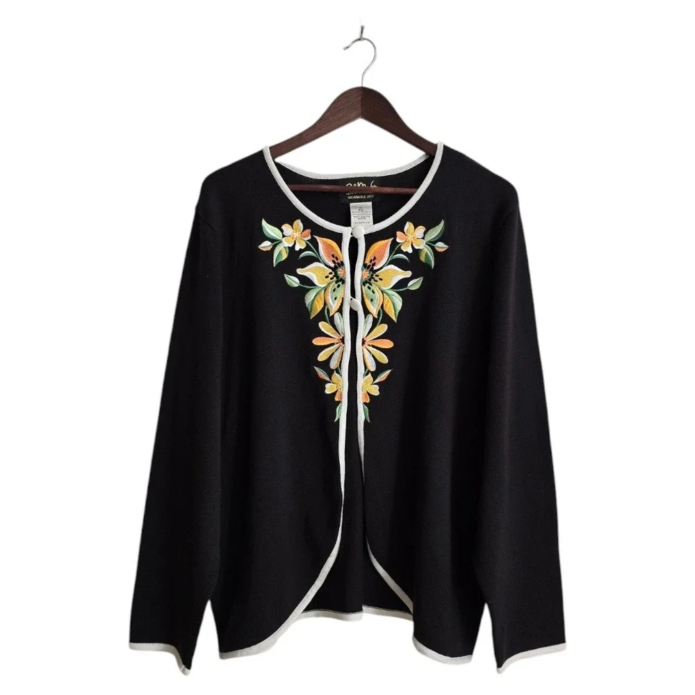 Bob Mackie Vintage Black Floral Embroidered 2 Button Cardigan Sz XL